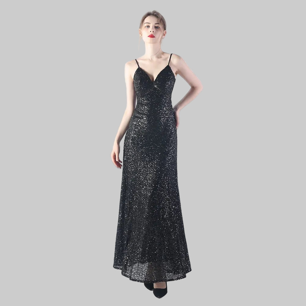 31765 A - line Gown Daily Sequin Long Dress Black - PratSN