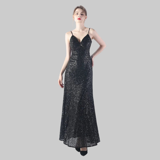 31765 A - line Gown Daily Sequin Long Dress Black - PratSN