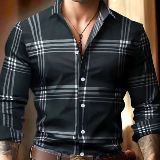 3D Digital Printing Striped Plaid Men's Long Sleeve Shirt - PratSN