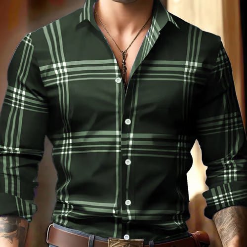 3D Digital Printing Striped Plaid Men's Long Sleeve Shirt - PratSN