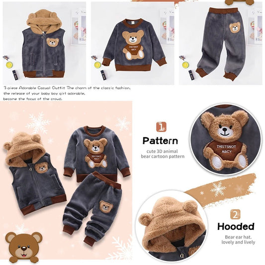 3PCS Winter Autumn Toddler Baby Boys Girls Clothes Baby Sweaters Coat +Pants +Hooded Vest Outfit Set Infant Warm Clothing Suits - PratSN