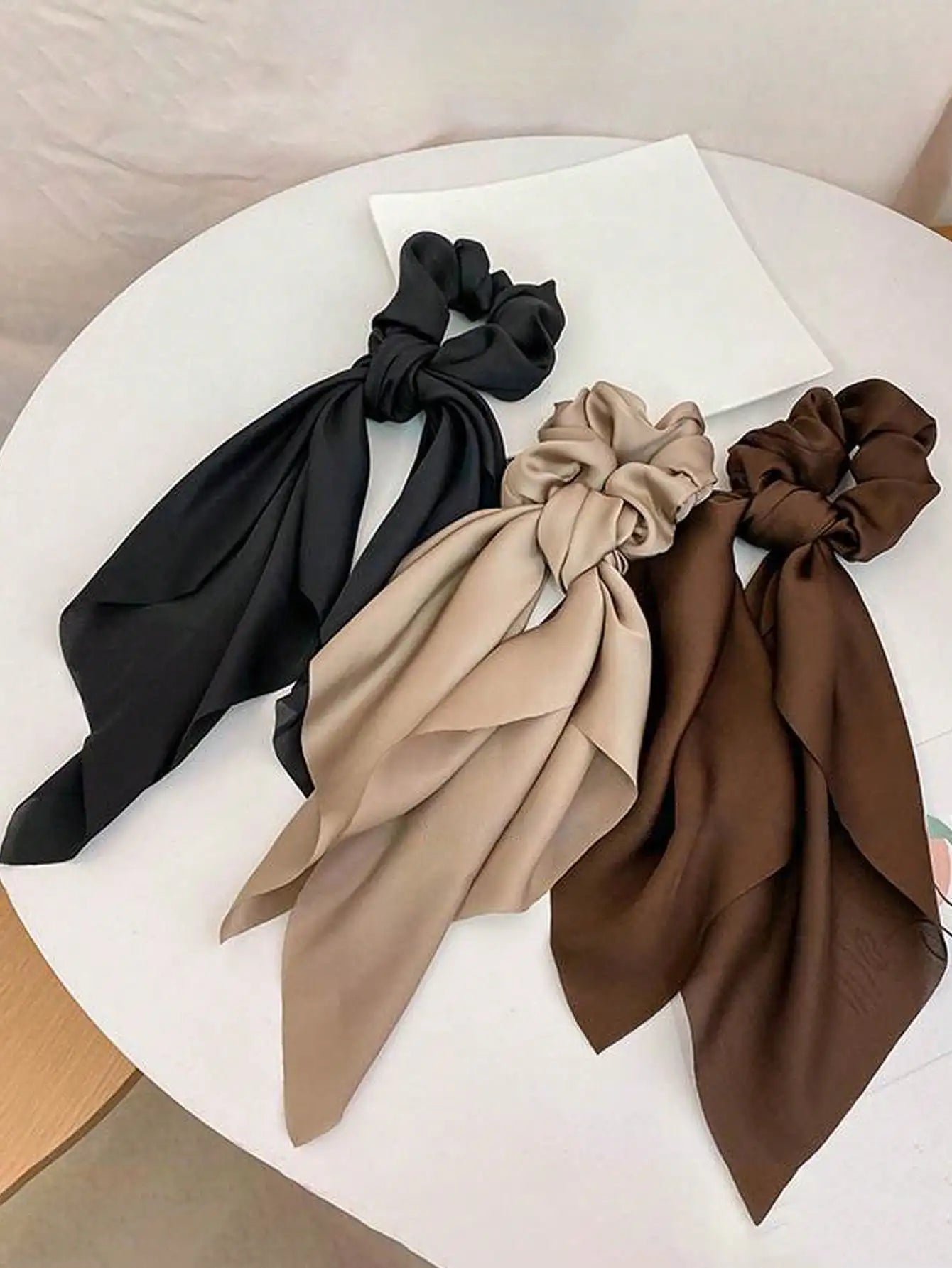 3pcs Women's Black, Khaki, Coffee Satin Ribbon Hair Scrunchies, Fashion Versatile Elegant Minimalist Plain Color Hair Accessorie - PratSN