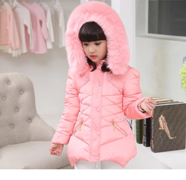 4 - 12 Years Winter Girls Jacket Fur Collar Warm Princess Coat Hooded Zipper Windproof Kids Outerwear Birthday Gift Parka Snowsuit - PratSN