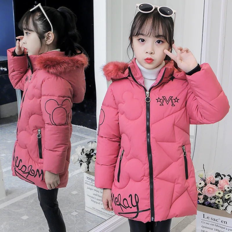 4 - 12 Years Winter Girls Jacket Fur Collar Warm Princess Coat Hooded Zipper Windproof Kids Outerwear Birthday Gift Parka Snowsuit - PratSN