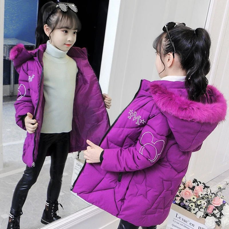 4 - 12 Years Winter Girls Jacket Fur Collar Warm Princess Coat Hooded Zipper Windproof Kids Outerwear Birthday Gift Parka Snowsuit - PratSN