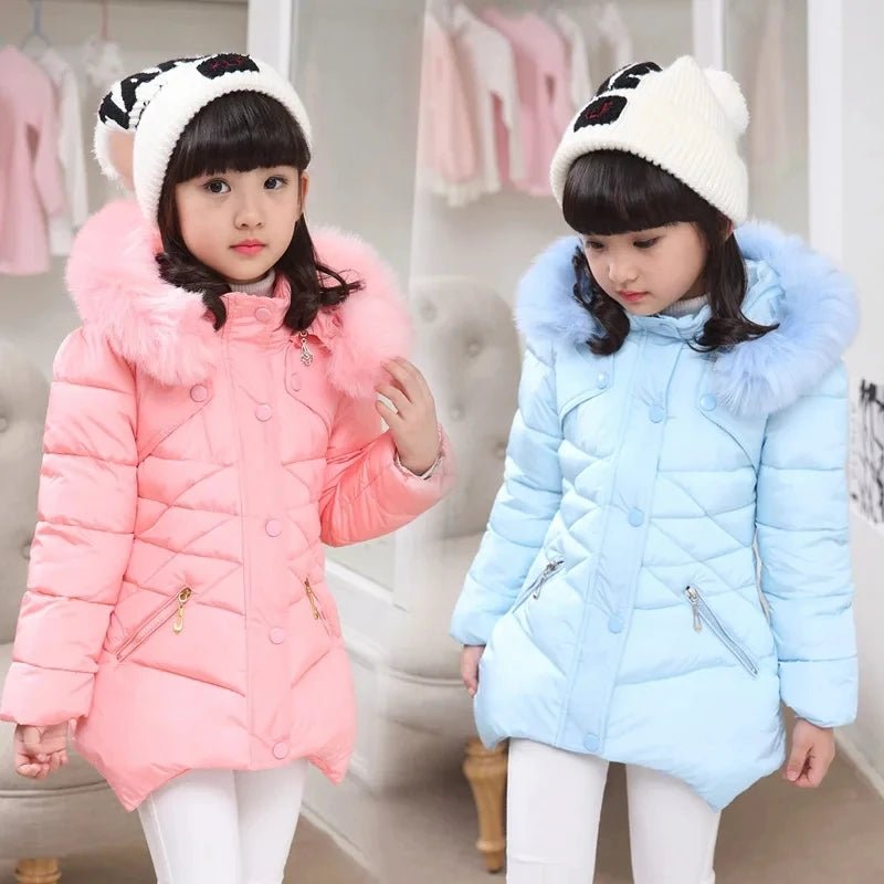 4 - 12 Years Winter Girls Jacket Fur Collar Warm Princess Coat Hooded Zipper Windproof Kids Outerwear Birthday Gift Parka Snowsuit - PratSN