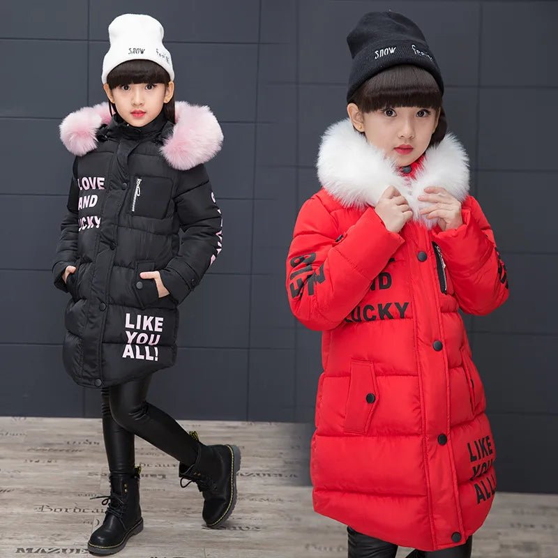 4 - 12 Years Winter Girls Jacket Fur Collar Warm Princess Coat Hooded Zipper Windproof Kids Outerwear Birthday Gift Parka Snowsuit - PratSN