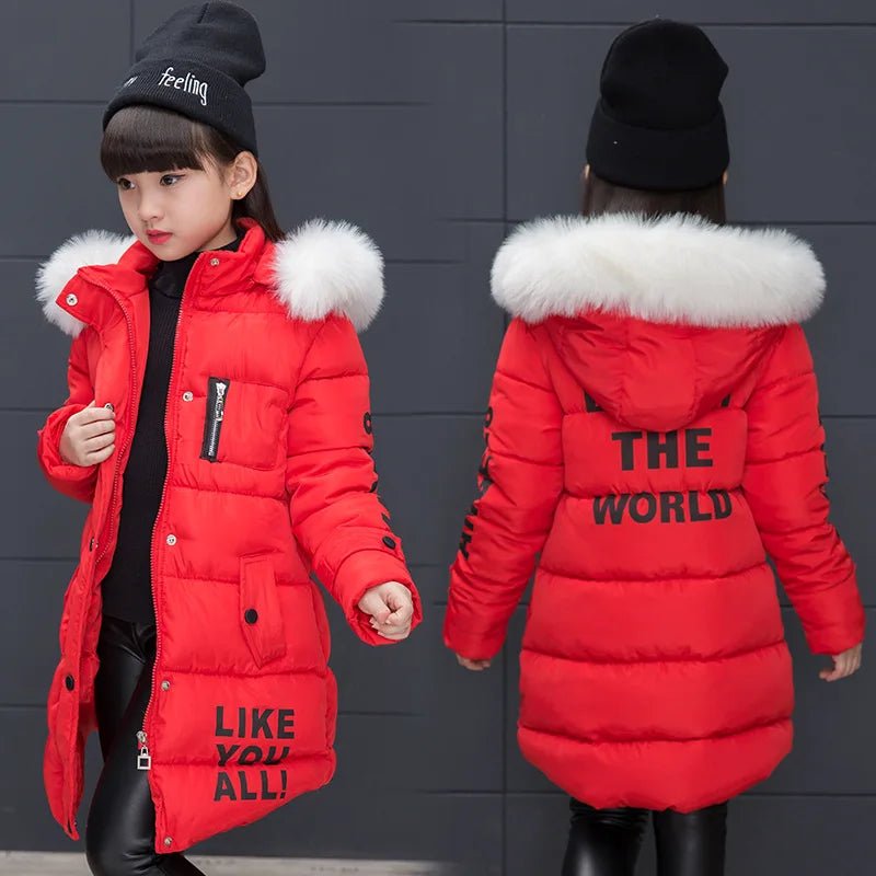 4 - 12 Years Winter Girls Jacket Fur Collar Warm Princess Coat Hooded Zipper Windproof Kids Outerwear Birthday Gift Parka Snowsuit - PratSN