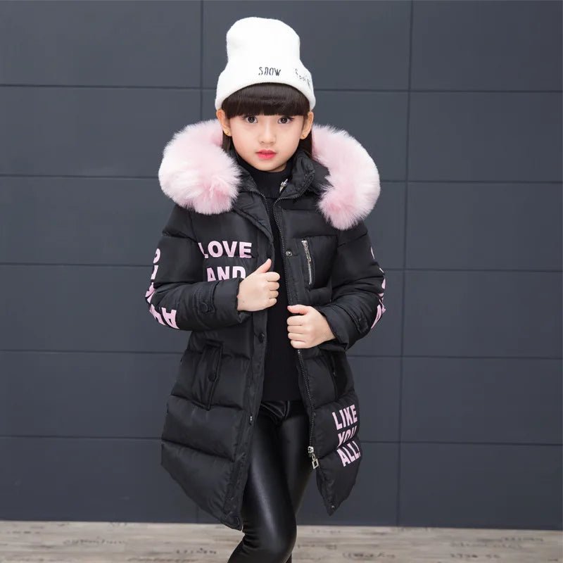 4 - 12 Years Winter Girls Jacket Fur Collar Warm Princess Coat Hooded Zipper Windproof Kids Outerwear Birthday Gift Parka Snowsuit - PratSN
