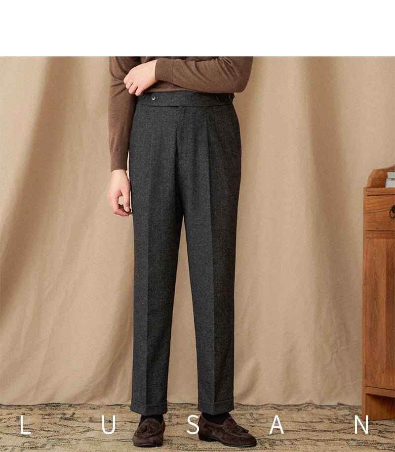 40% Wool Winter Thick Warm Naples Casual High Waist Straight Pants Commuter Retro Men - PratSN