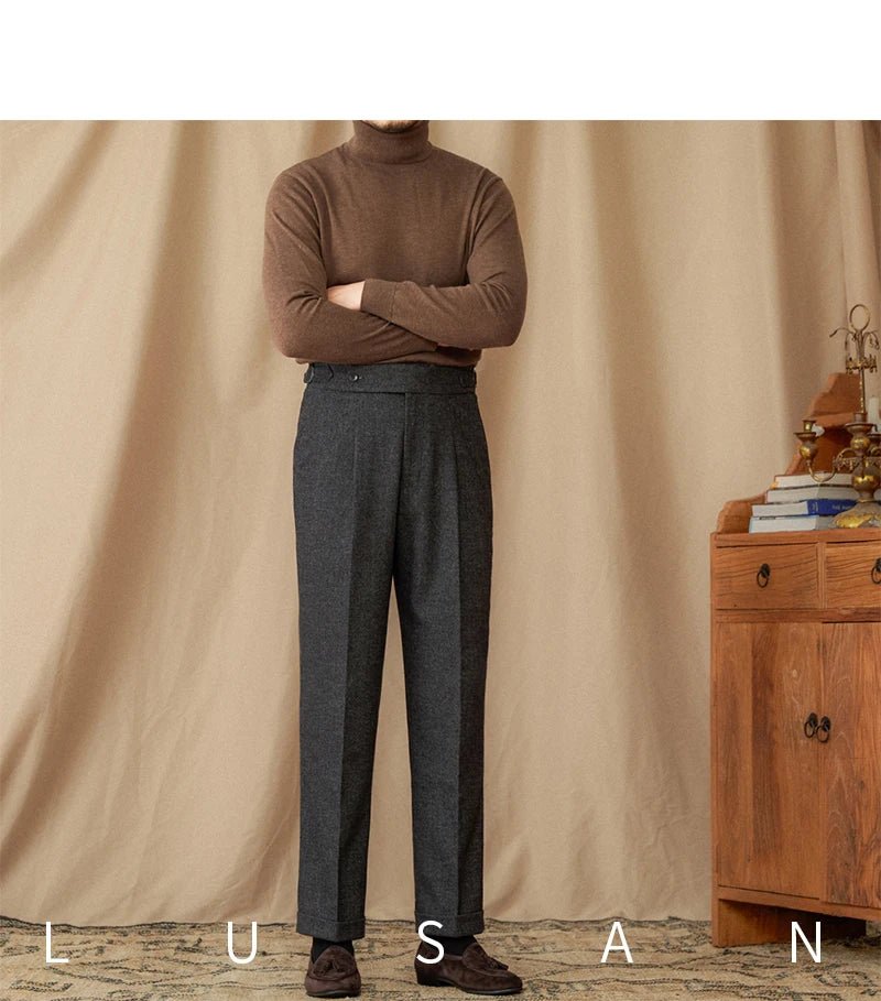40% Wool Winter Thick Warm Naples Casual High Waist Straight Pants Commuter Retro Men - PratSN