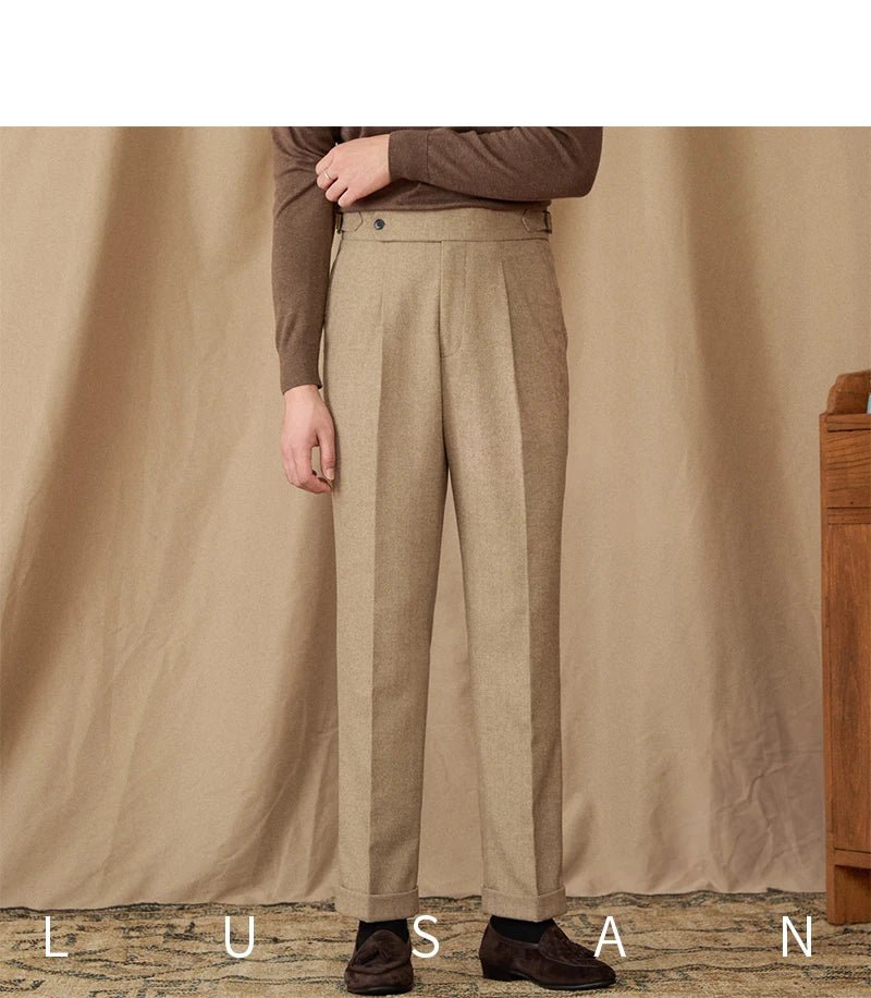 40% Wool Winter Thick Warm Naples Casual High Waist Straight Pants Commuter Retro Men - PratSN