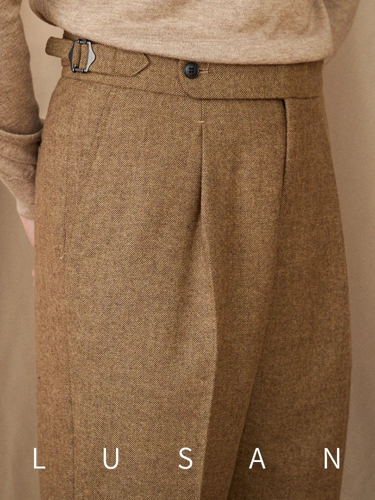 40% Wool Winter Thick Warm Naples Casual High Waist Straight Pants Commuter Retro Men - PratSN