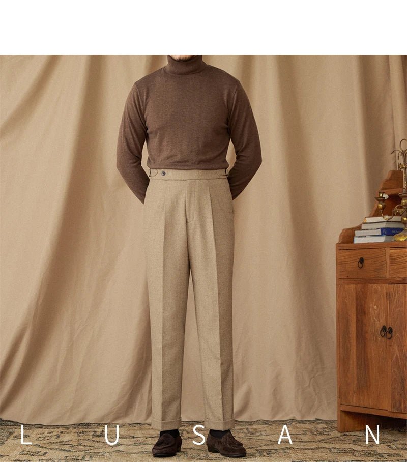 40% Wool Winter Thick Warm Naples Casual High Waist Straight Pants Commuter Retro Men - PratSN