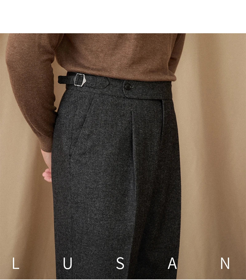 40% Wool Winter Thick Warm Naples Casual High Waist Straight Pants Commuter Retro Men - PratSN