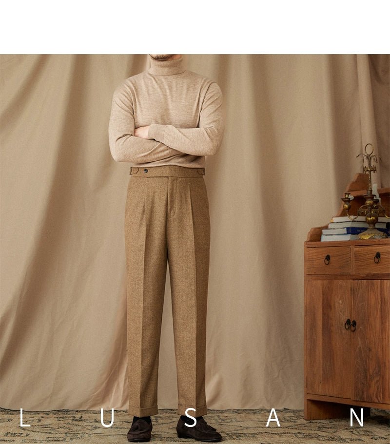 40% Wool Winter Thick Warm Naples Casual High Waist Straight Pants Commuter Retro Men - PratSN