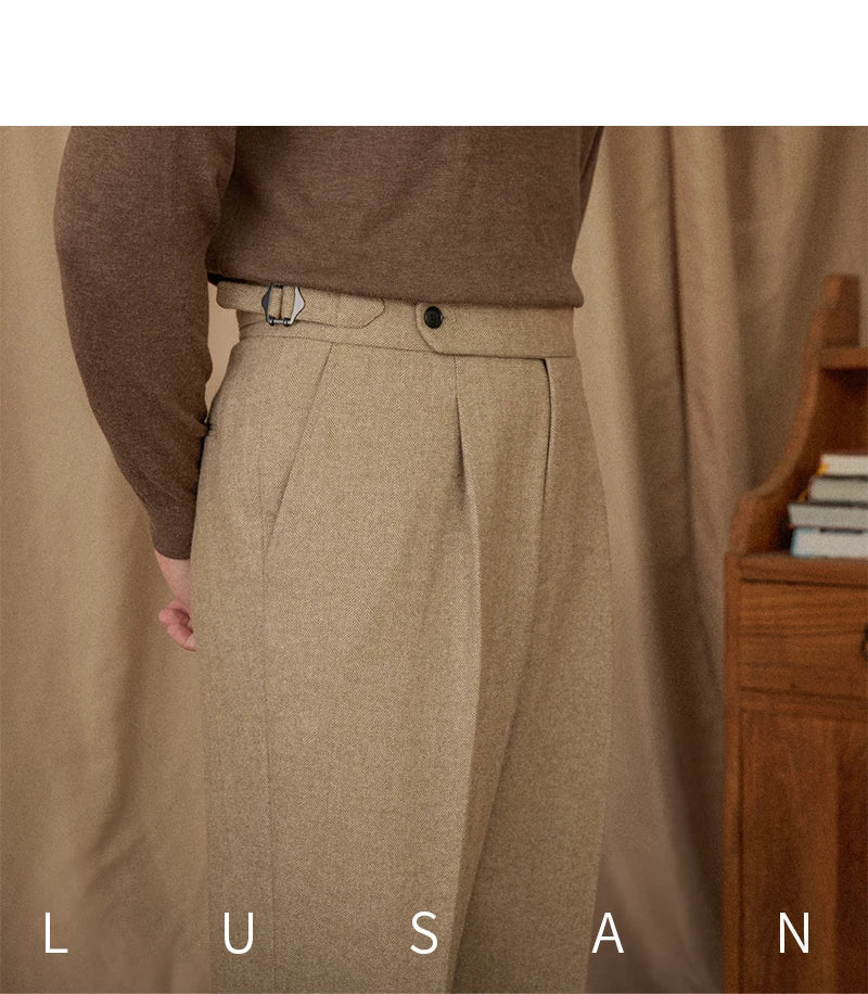 40% Wool Winter Thick Warm Naples Casual High Waist Straight Pants Commuter Retro Men - PratSN