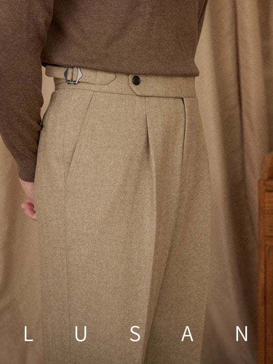 40% Wool Winter Thick Warm Naples Casual High Waist Straight Pants Commuter Retro Men - PratSN