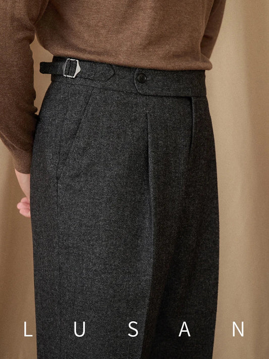 40% Wool Winter Thick Warm Naples Casual High Waist Straight Pants Commuter Retro Men - PratSN