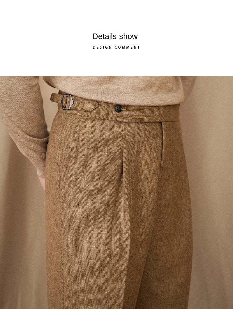 40% Wool Winter Thick Warm Naples Casual High Waist Straight Pants Commuter Retro Men - PratSN