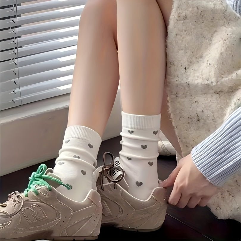 5 Pairs Of High Quality Women'S Growth Socks Heart Print, Polyester And Nylon Blend, Knitted Fabric, Casual Fashion, Deodorant, Cute, No Ironing, The Perfect Choice For Gifts - PratSN