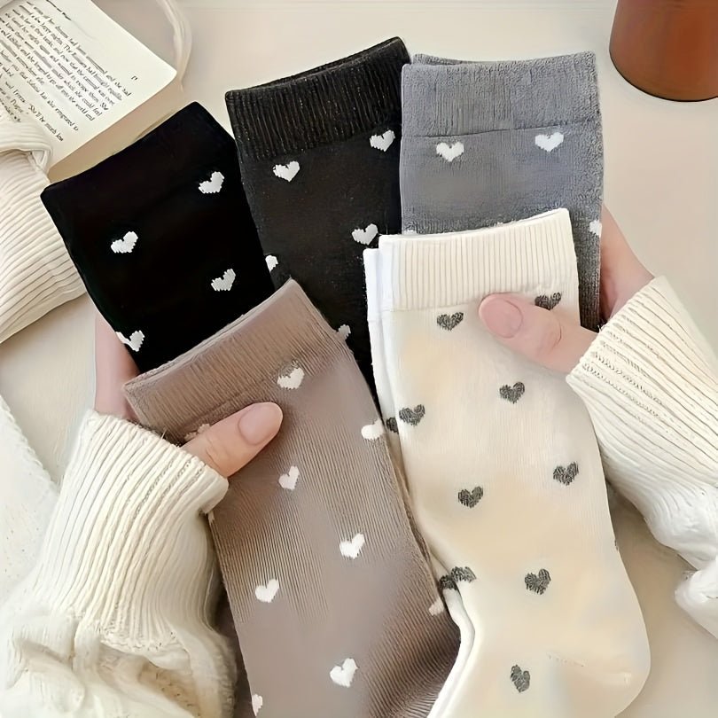 5 Pairs Of High Quality Women'S Growth Socks Heart Print, Polyester And Nylon Blend, Knitted Fabric, Casual Fashion, Deodorant, Cute, No Ironing, The Perfect Choice For Gifts - PratSN
