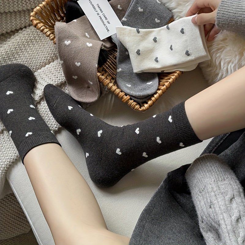 5 Pairs Of High Quality Women'S Growth Socks Heart Print, Polyester And Nylon Blend, Knitted Fabric, Casual Fashion, Deodorant, Cute, No Ironing, The Perfect Choice For Gifts - PratSN
