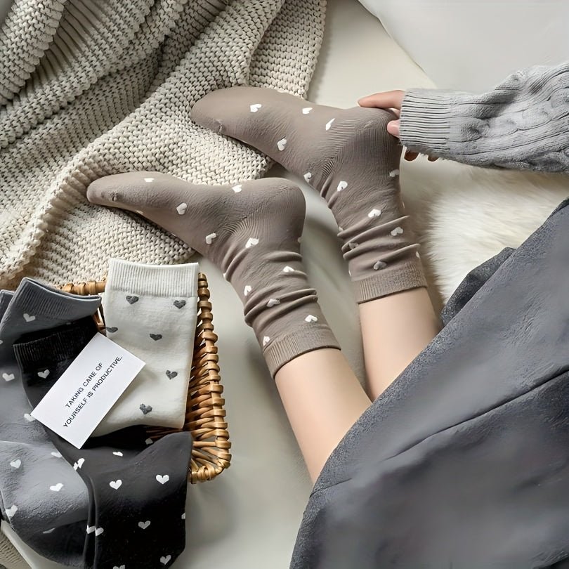 5 Pairs Of High Quality Women'S Growth Socks Heart Print, Polyester And Nylon Blend, Knitted Fabric, Casual Fashion, Deodorant, Cute, No Ironing, The Perfect Choice For Gifts - PratSN