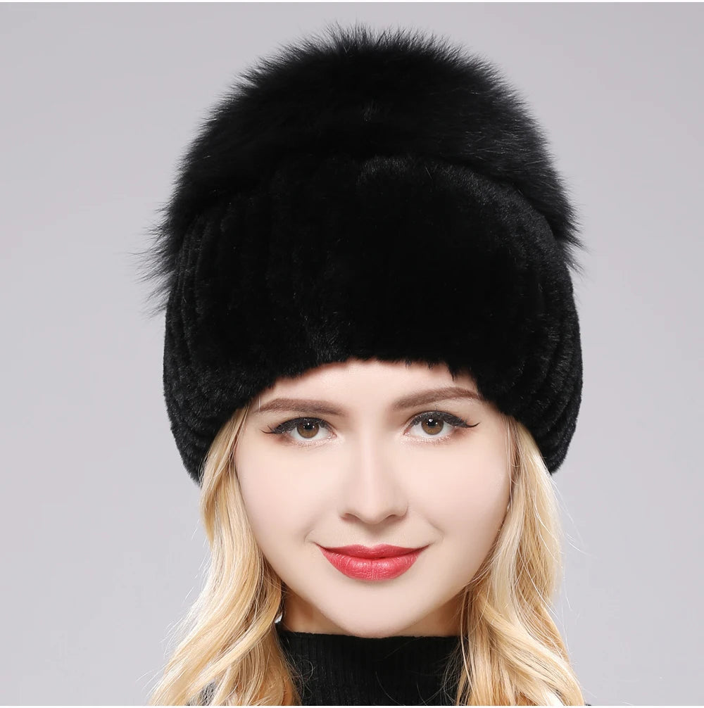 2025 New Style Women  Beanies Hat Girls Cap Knit Winter Real Fur Hats