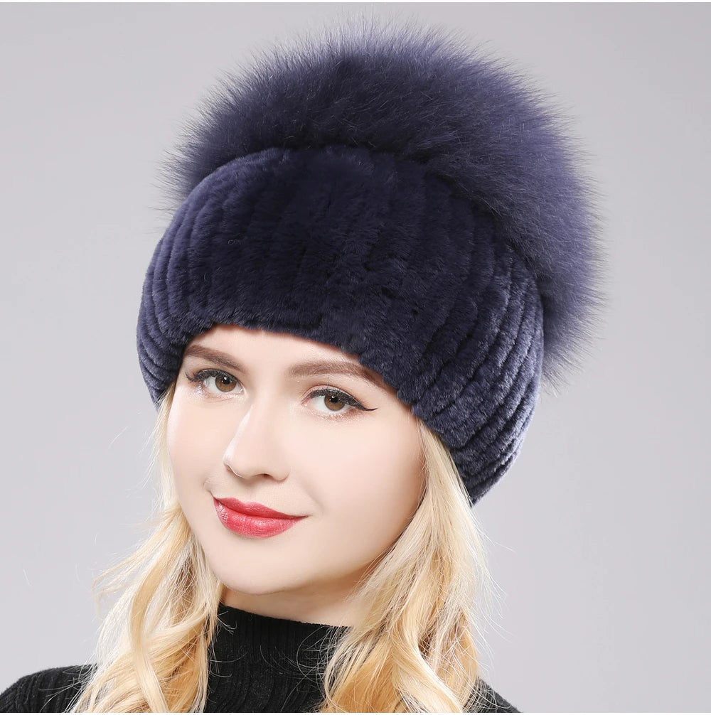 2025 New Style Women  Beanies Hat Girls Cap Knit Winter Real Fur Hats