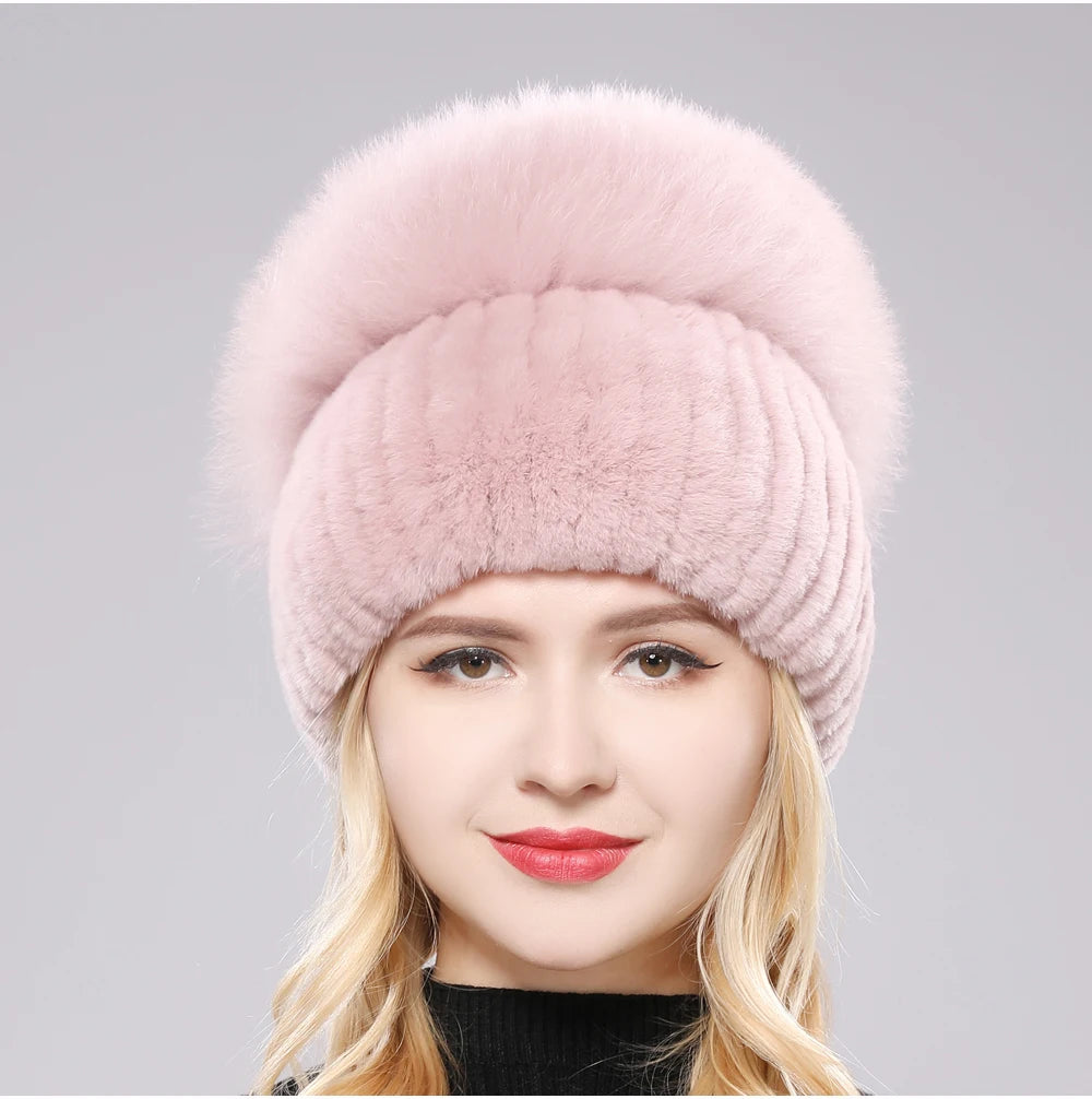 2025 New Style Women  Beanies Hat Girls Cap Knit Winter Real Fur Hats