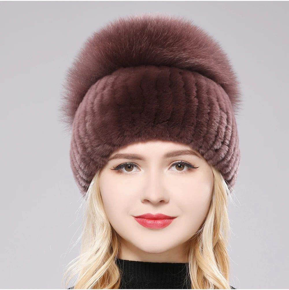 2025 New Style Women  Beanies Hat Girls Cap Knit Winter Real Fur Hats