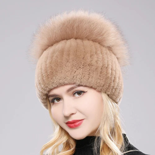 2025 New Style Women  Beanies Hat Girls Cap Knit Winter Real Fur Hats