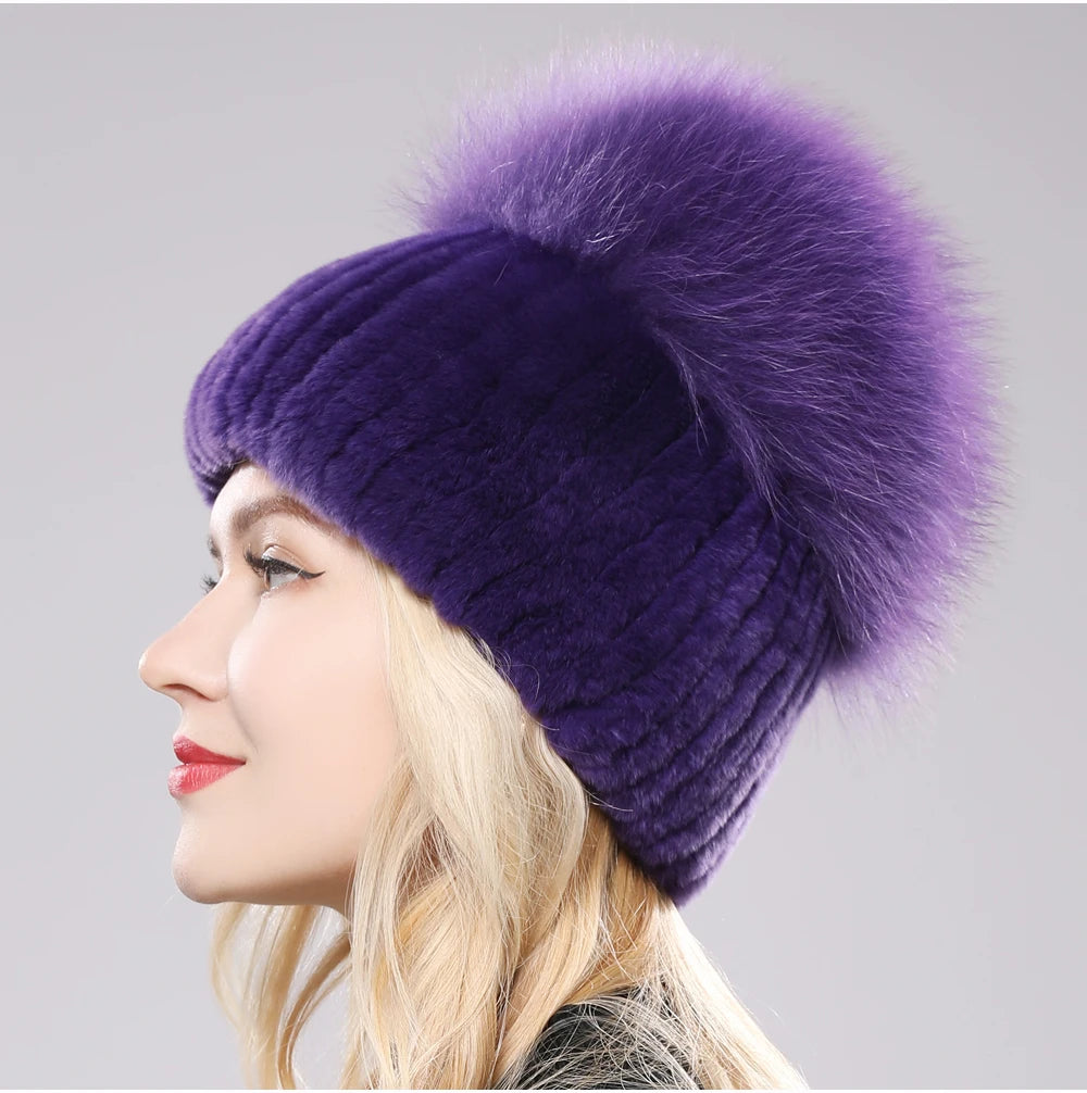 2025 New Style Women  Beanies Hat Girls Cap Knit Winter Real Fur Hats