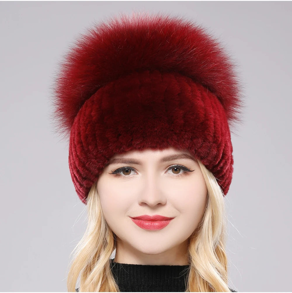 2025 New Style Women  Beanies Hat Girls Cap Knit Winter Real Fur Hats