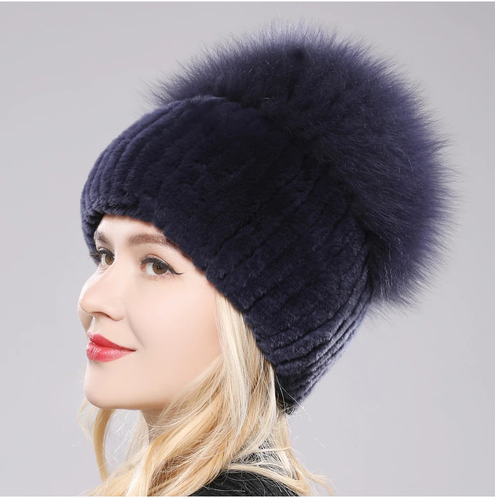 2025 New Style Women  Beanies Hat Girls Cap Knit Winter Real Fur Hats