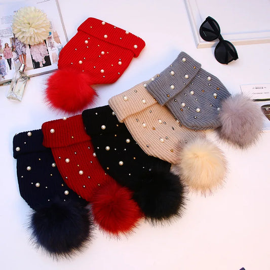 2025 Women Winter Fashion Hat Pompom Balls Cap Pearls Rhinestones Knitted Wool Beanie Casual Outdoor Warm  Hats