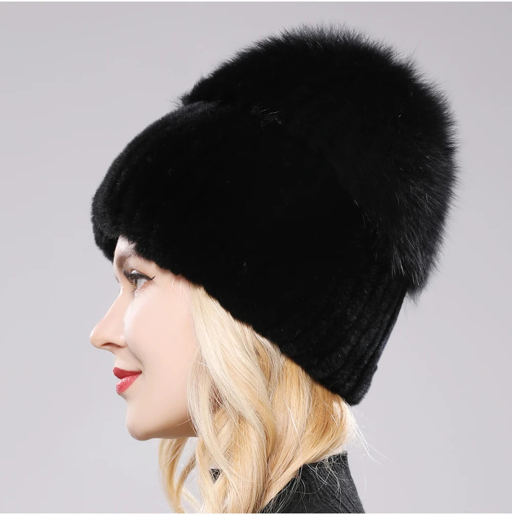 2025 New Style Women  Beanies Hat Girls Cap Knit Winter Real Fur Hats