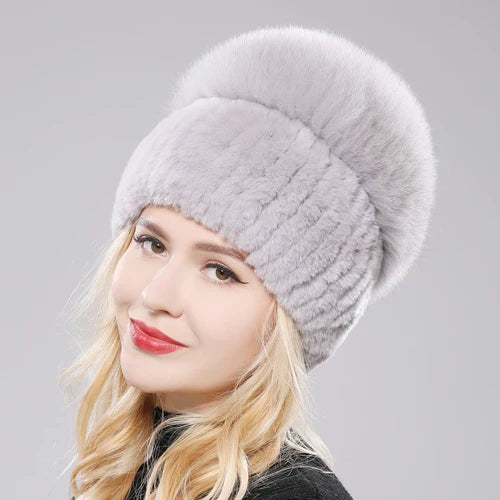 2025 New Style Women  Beanies Hat Girls Cap Knit Winter Real Fur Hats