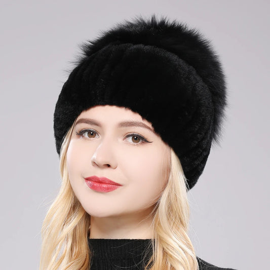 2025 New Style Women  Beanies Hat Girls Cap Knit Winter Real Fur Hats