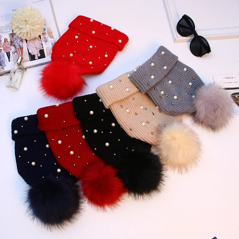 2025 Women Winter Fashion Hat Pompom Balls Cap Pearls Rhinestones Knitted Wool Beanie Casual Outdoor Warm  Hats