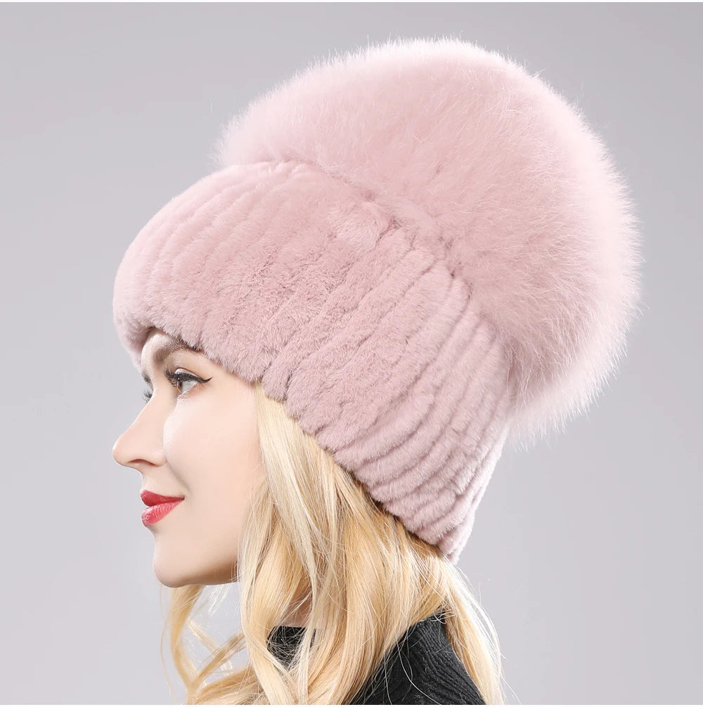 2025 New Style Women  Beanies Hat Girls Cap Knit Winter Real Fur Hats