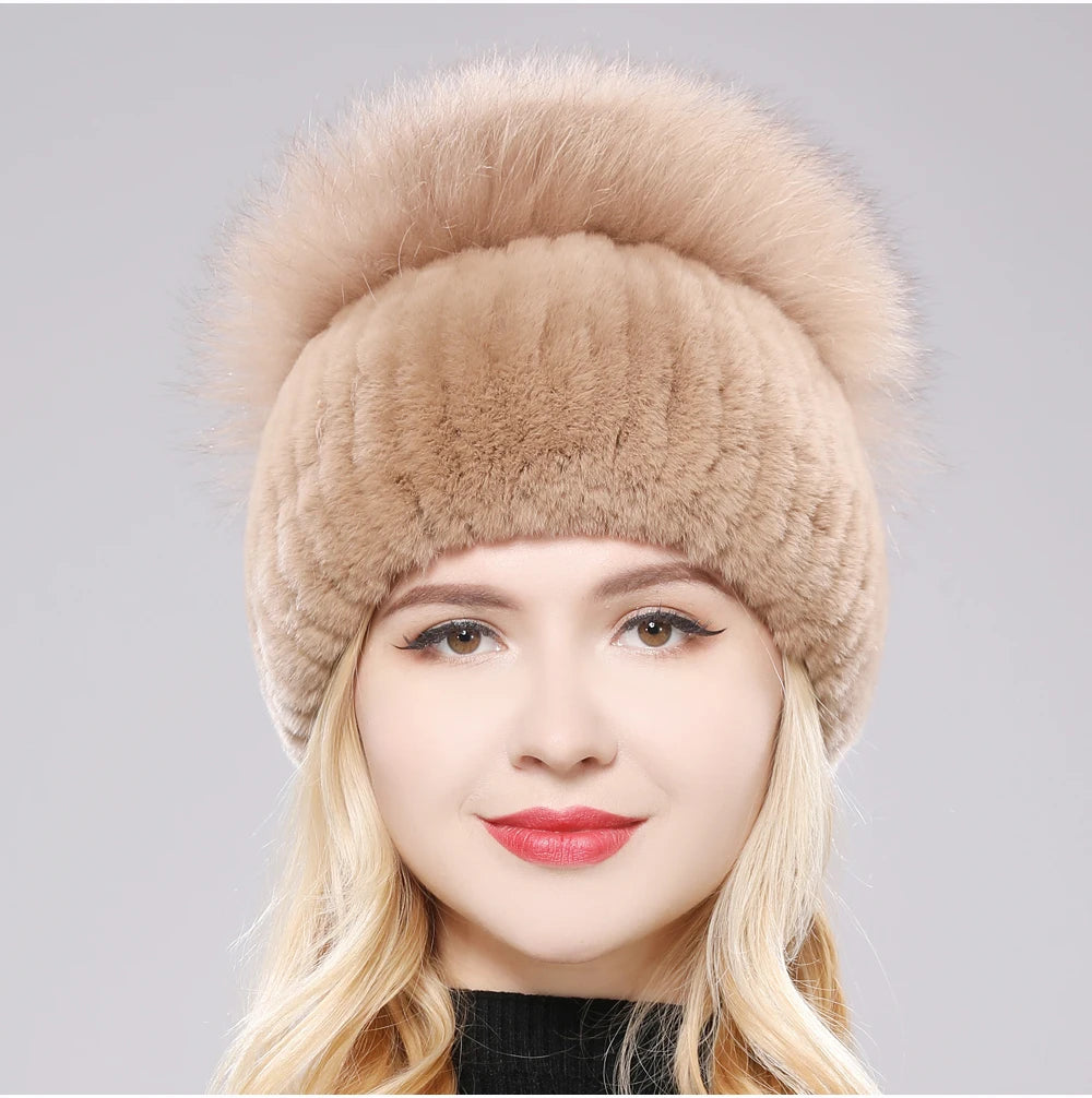 2025 New Style Women  Beanies Hat Girls Cap Knit Winter Real Fur Hats