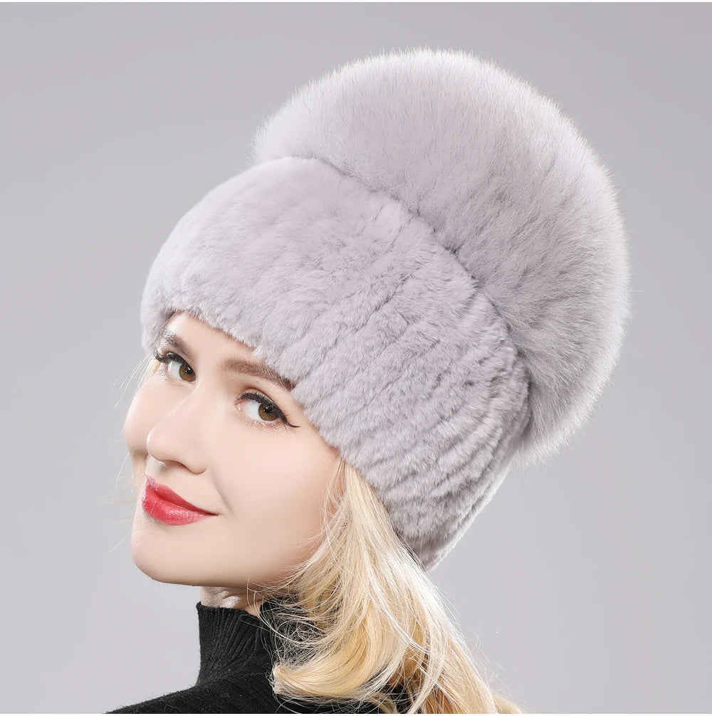 2025 New Style Women  Beanies Hat Girls Cap Knit Winter Real Fur Hats