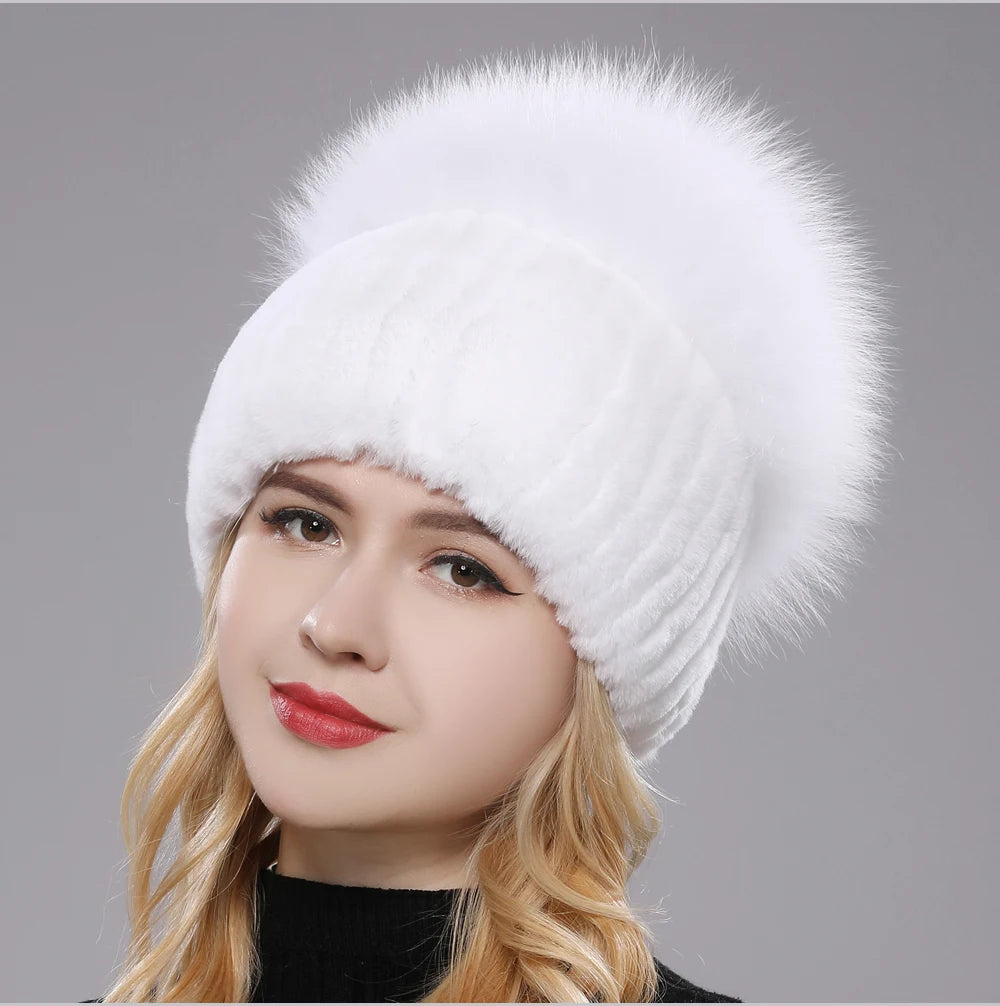 2025 New Style Women  Beanies Hat Girls Cap Knit Winter Real Fur Hats