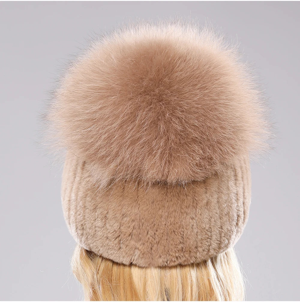2025 New Style Women  Beanies Hat Girls Cap Knit Winter Real Fur Hats