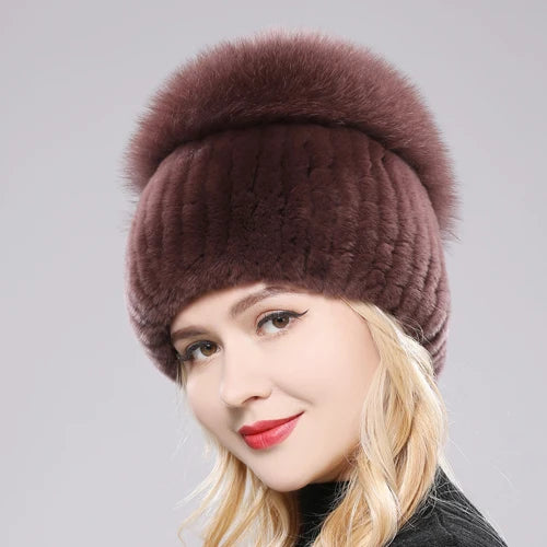 2025 New Style Women  Beanies Hat Girls Cap Knit Winter Real Fur Hats