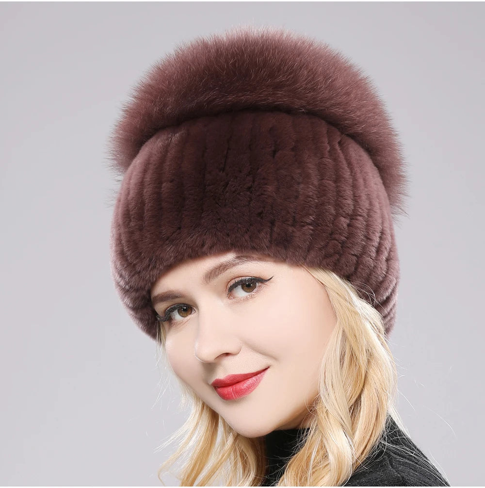 2025 New Style Women  Beanies Hat Girls Cap Knit Winter Real Fur Hats