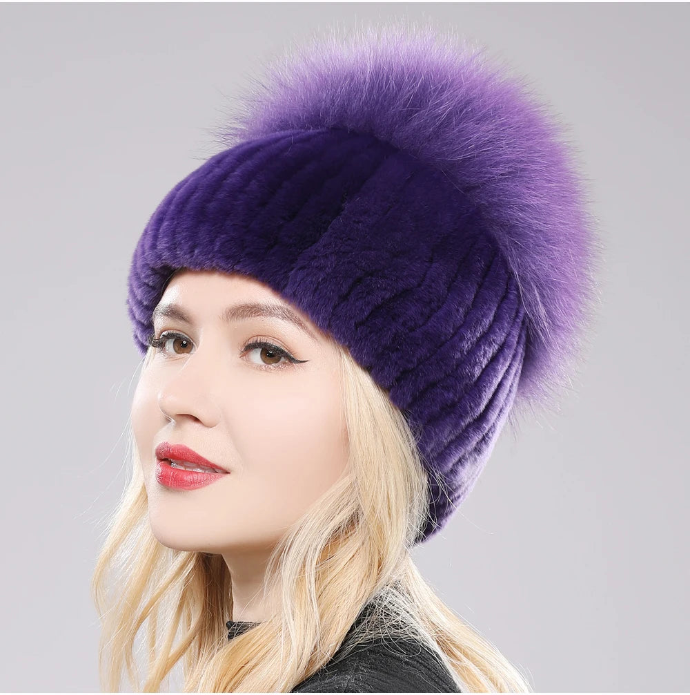 2025 New Style Women  Beanies Hat Girls Cap Knit Winter Real Fur Hats