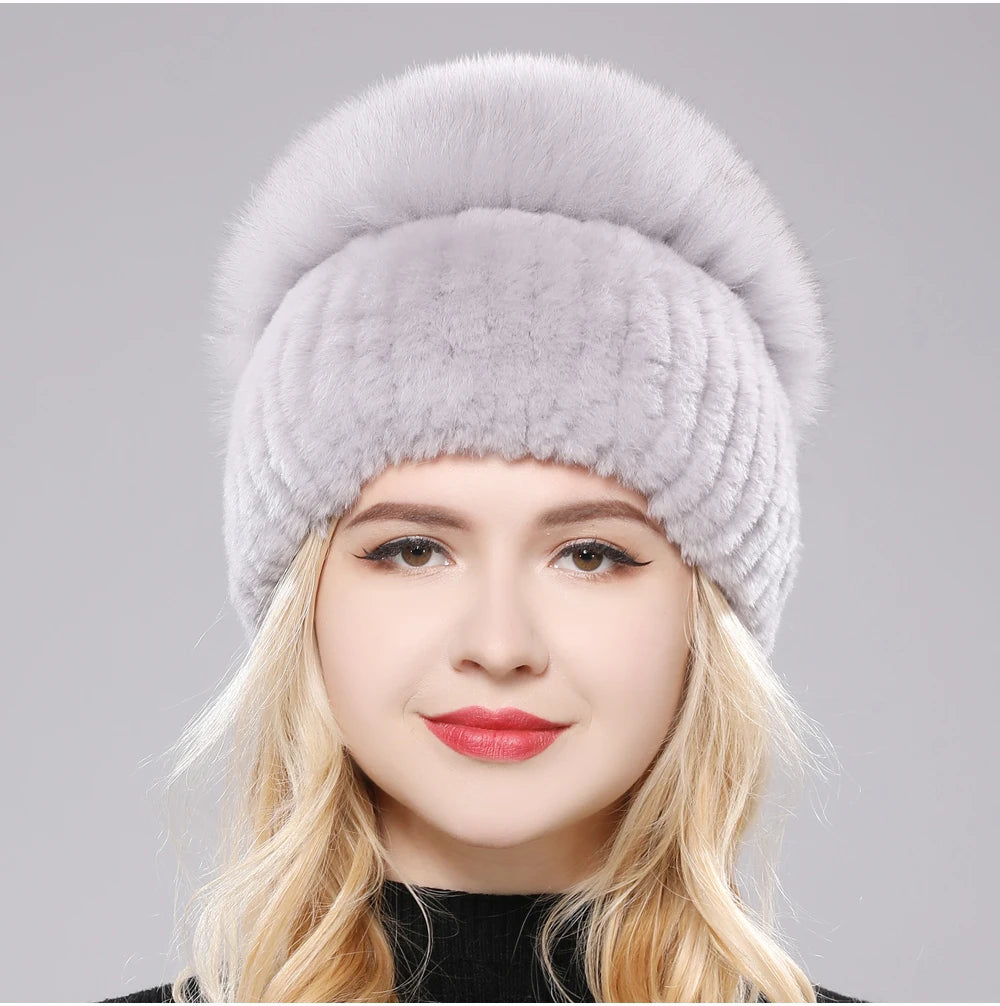 2025 New Style Women  Beanies Hat Girls Cap Knit Winter Real Fur Hats